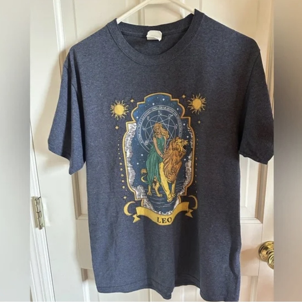 Leo Zodiac Graphic Tee - Navy with Gold and Green Print